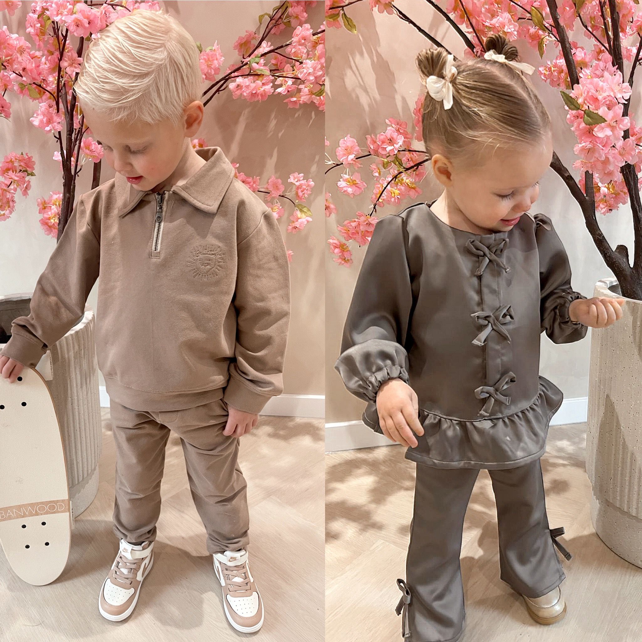 Deluxe taupe blouse met strikjes, een flared deluxe taupe flared, een Taupe sweater met rits en geborduurde leeuwen logo en een taupe broek voor kinderen
